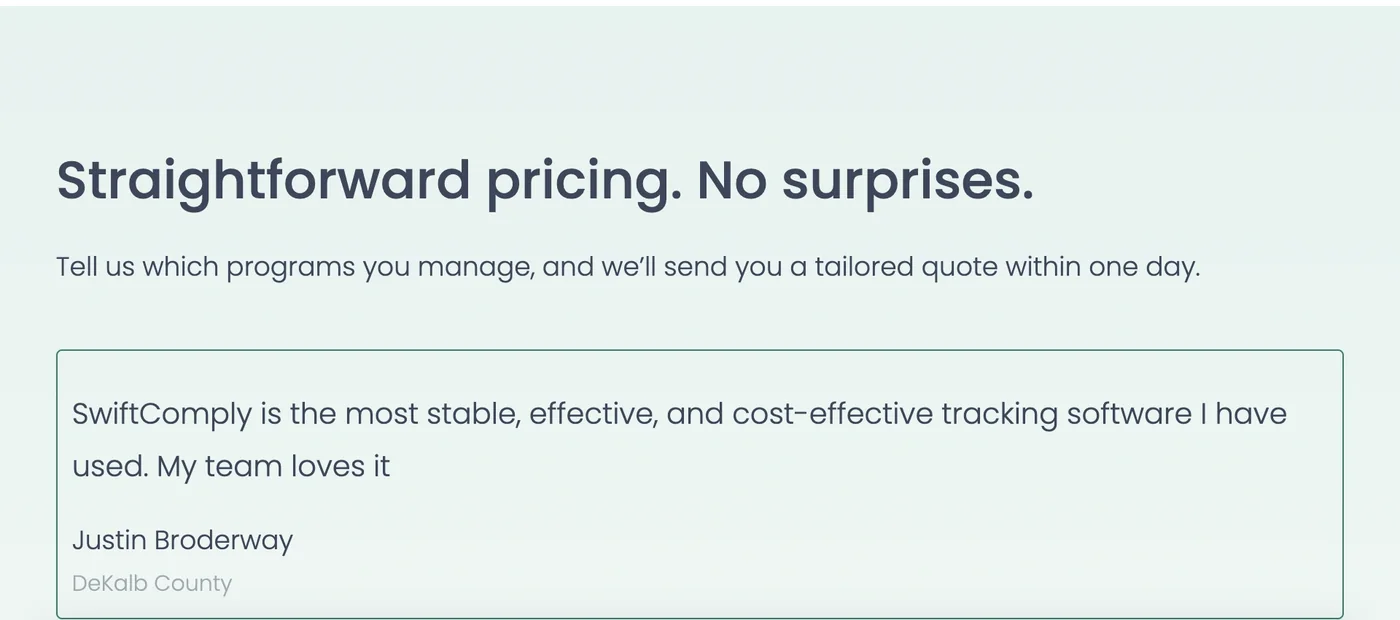 SwiftComply pricing page headed Straightforward pricing No surprises, offering a tailored quote and showing no figures