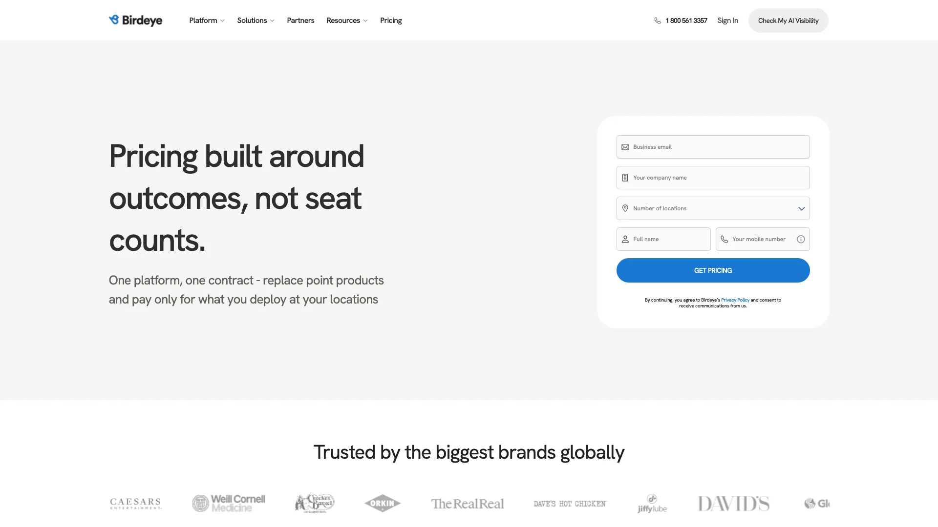 Birdeye pricing page asking the visitor to choose a location count band and enter a mobile number to receive a quote