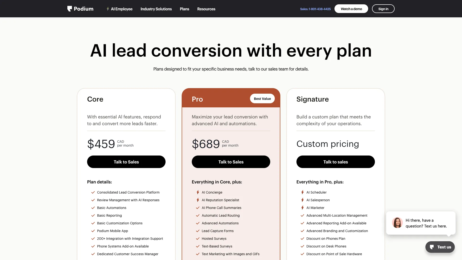 Podium pricing page with Core at 459 and Pro at 689 Canadian dollars a month beside a Signature tier reading Custom pricing