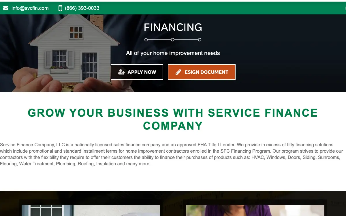 Service Finance Company pricing page as published on the vendor's own site