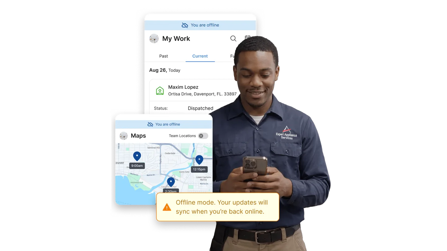 Service Fusion technician app showing a You are offline banner above a dispatched job list and a team locations map