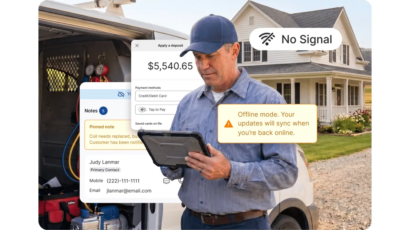 Vendor artwork showing a Service Fusion deposit and payment screen beneath a No Signal badge and an offline sync warning