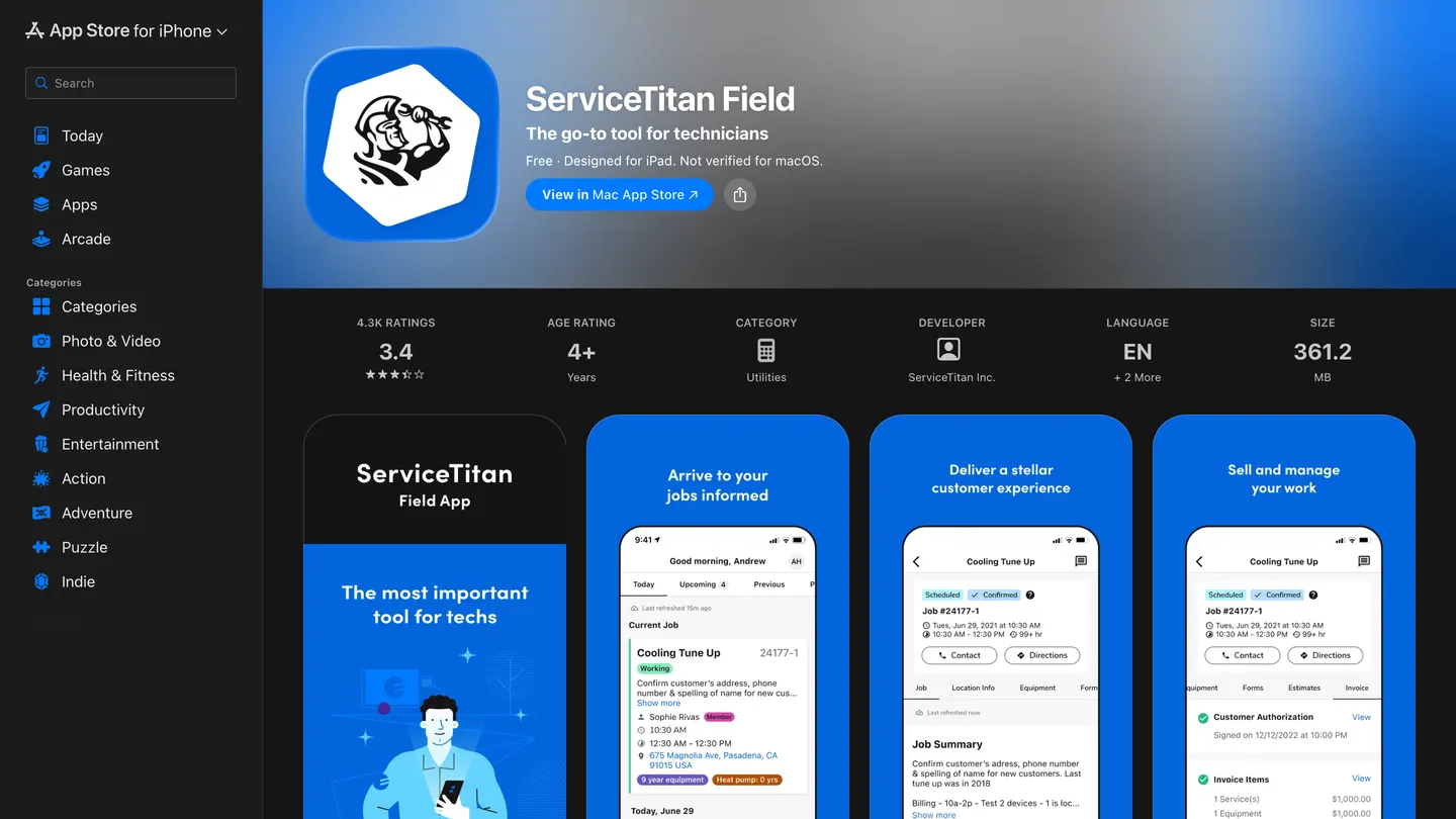 ServiceTitan Field's App Store listing showing a 3.4 rating from 4,300 ratings