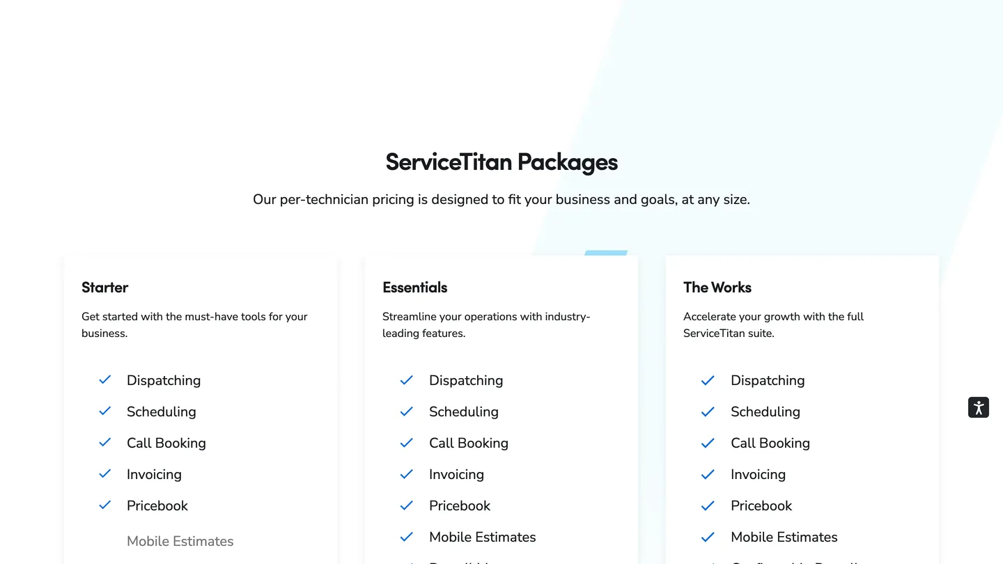 ServiceTitan's pricing page showing three tiers with feature lists and no dollar amounts