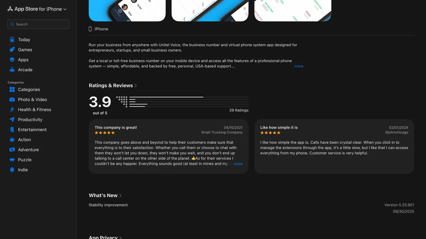 App Store listing showing a 3.9 out of 5 score from 39 ratings and a version dated 08/30/2025