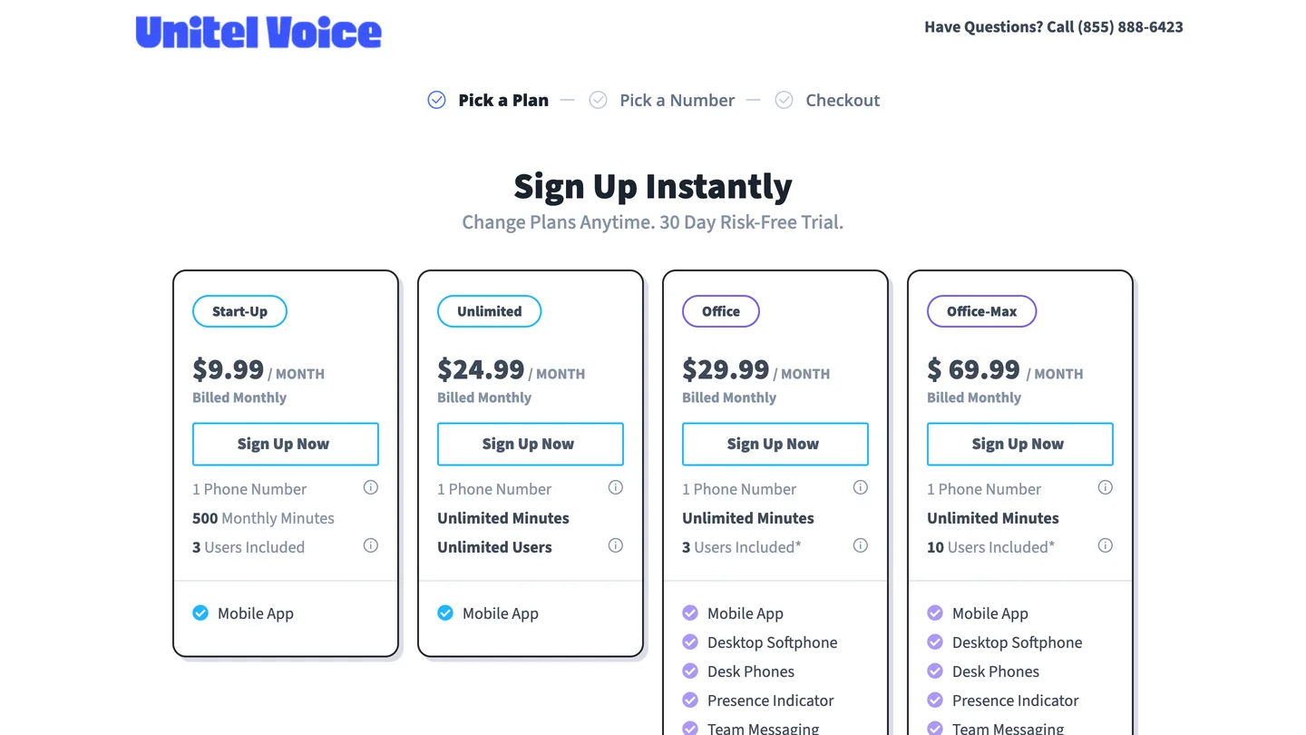Four published plan cards priced 9.99, 24.99, 29.99 and 69.99 dollars monthly with minutes and user counts listed