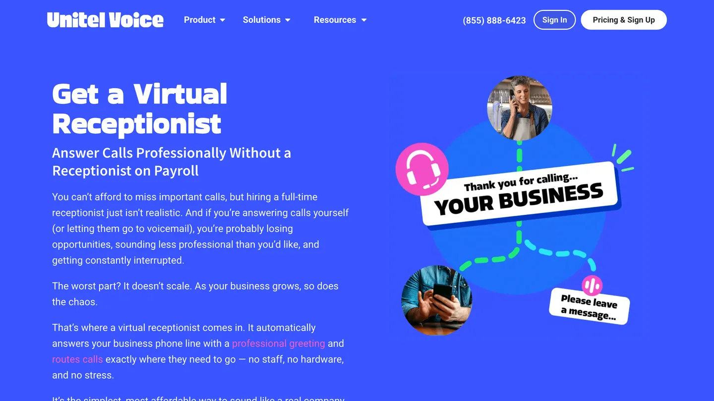 Vendor page headed Get a Virtual Receptionist, with hero art whose speech bubble reads Please leave a message