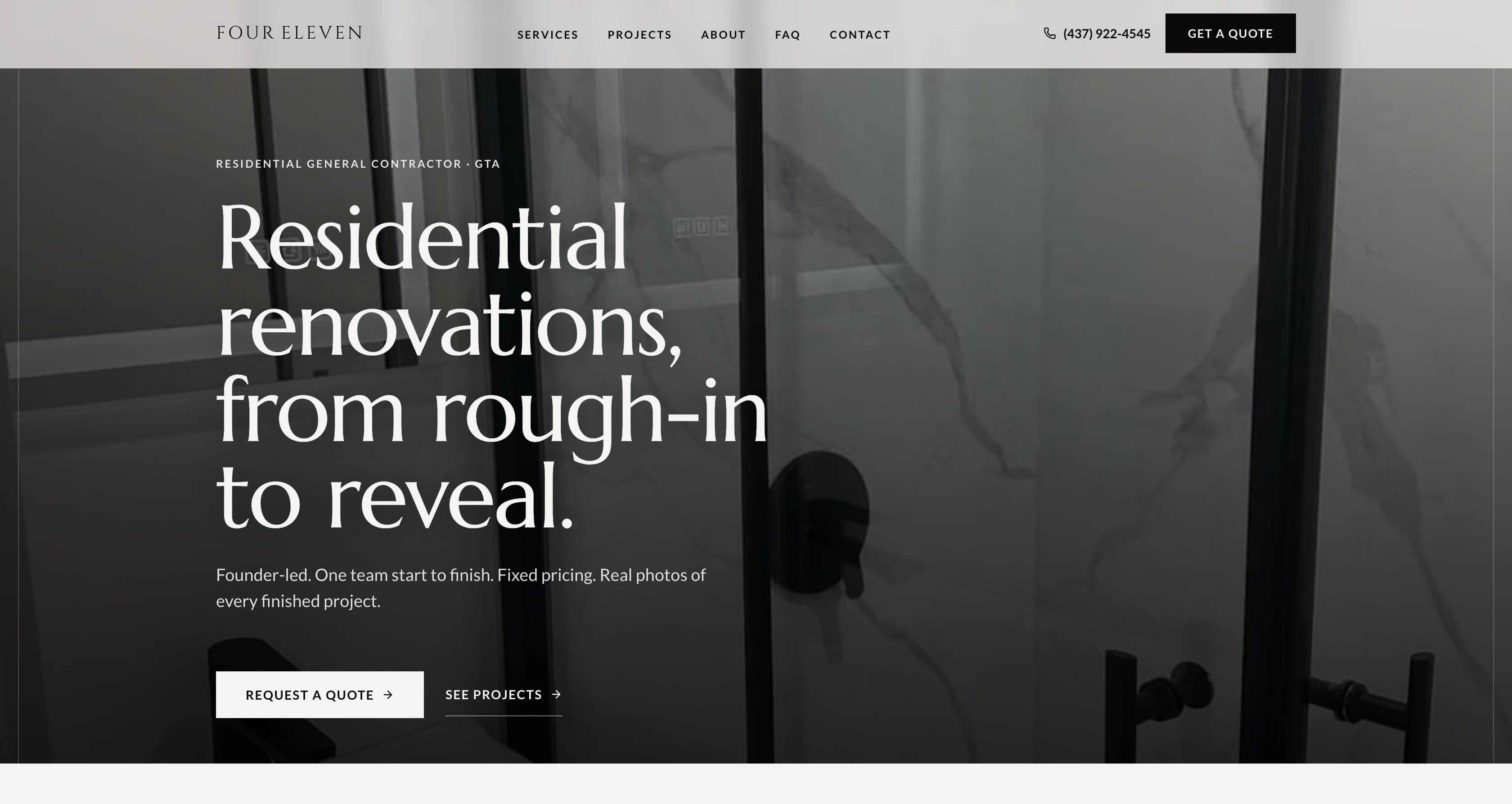The 411group.ca homepage Fervor built for Four Eleven Contracting, with the headline Residential renovations, from rough-in to reveal over a finished bathroom photo.