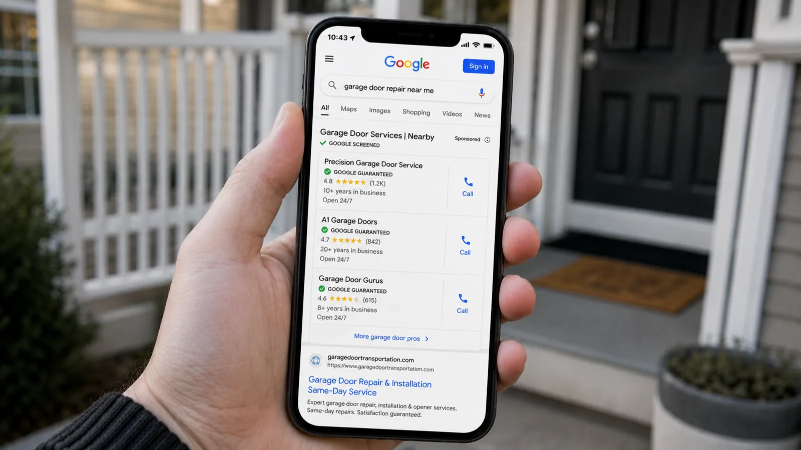 Phone showing a garage door repair near me Google search with garage door companies in the local services results