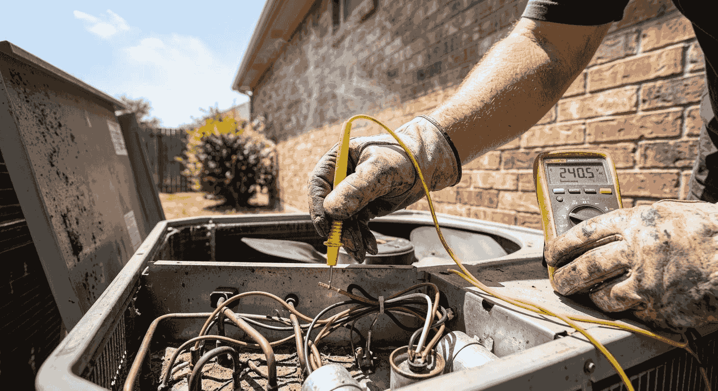HVAC technician servicing AC condenser during Toronto humid summer cooling rush