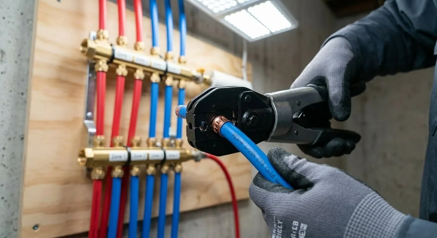 Plumber crimping PEX lines at a manifold during a repipe, gloved hands on the tool