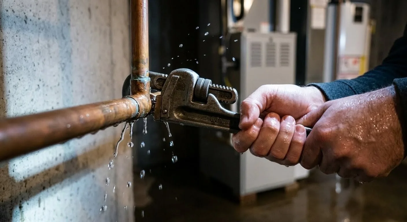 Plumber tightening a pipe joint with a wrench beside an active leak under a fixture