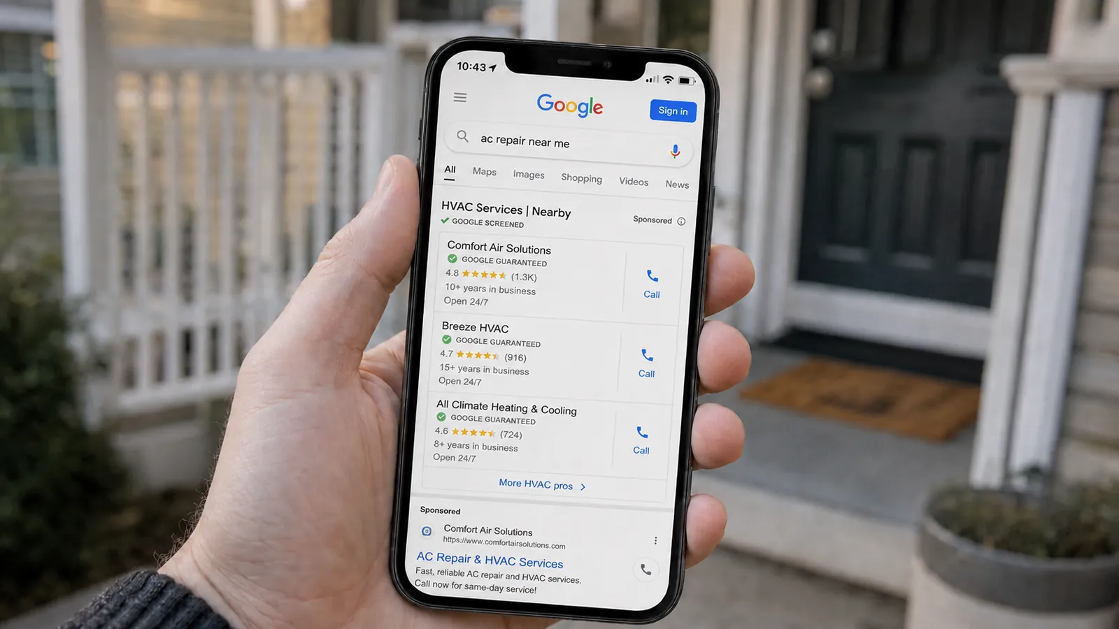 Phone showing an ac repair near me Google search with HVAC contractors ranked in the local pack