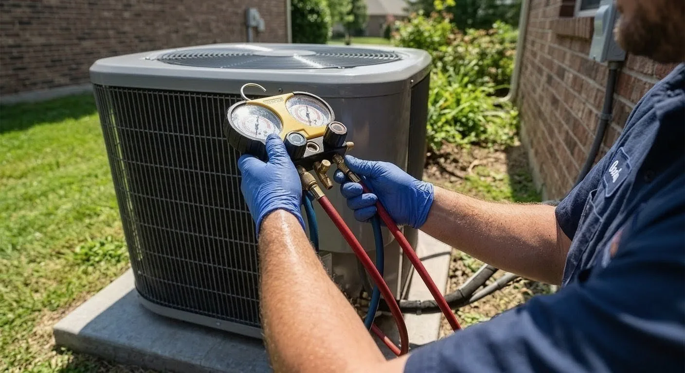 HVAC technician servicing a high-efficiency furnace on a service call