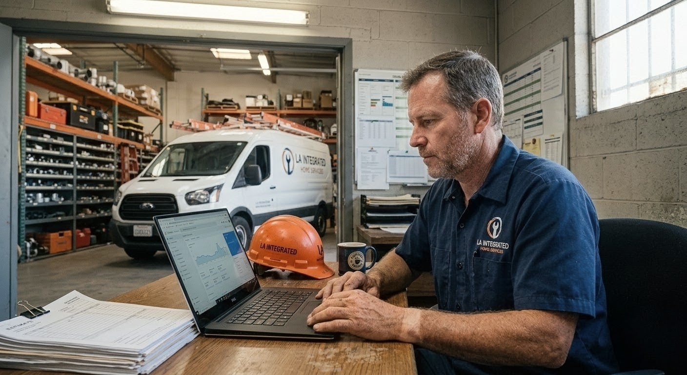 Contractor business owner reviewing analytics on laptop in office with service van visible through shop door