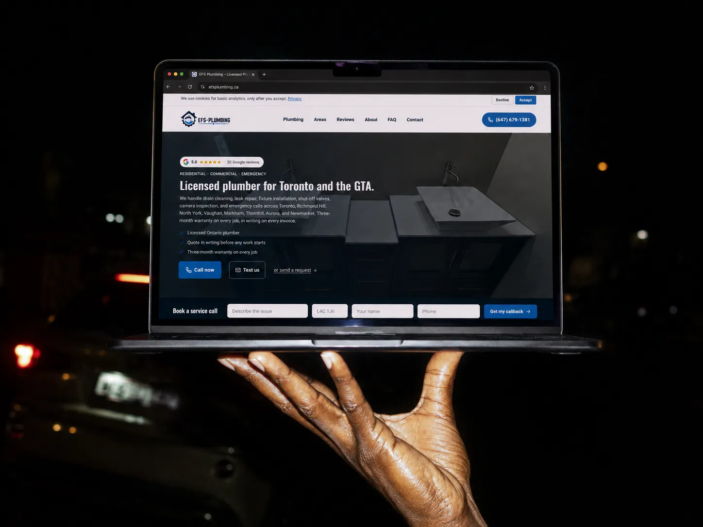 EFS Plumbing website shown on a MacBook at night, built by Fervor Studio