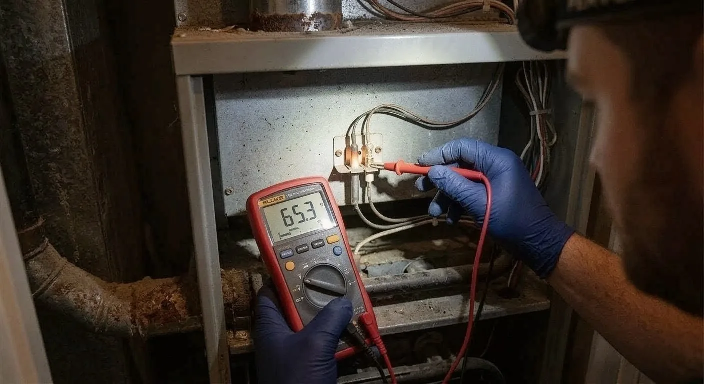 Licensed HVAC technician using a multimeter on a furnace board, illustrating Alberta gasfitter Class A code work