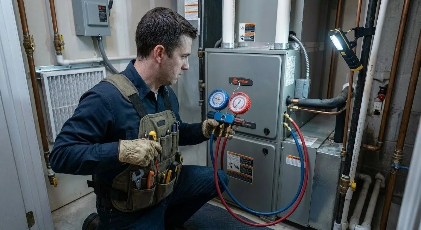 HVAC technician completing a full gauge diagnostic
