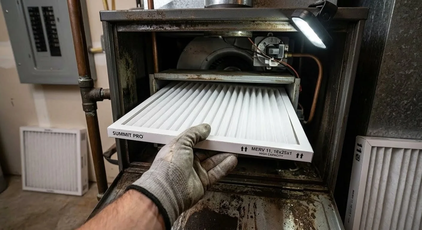 HVAC technician replacing a furnace filter during a maintenance visit