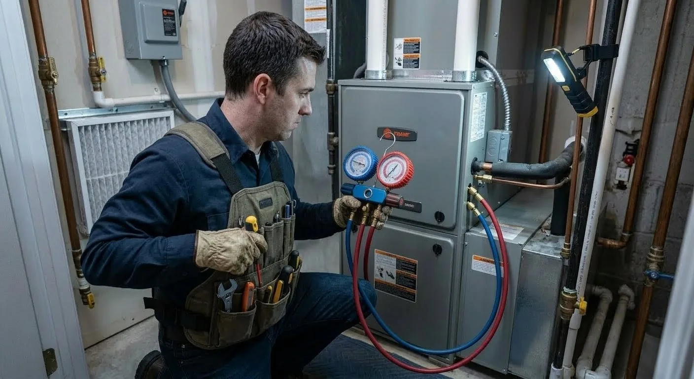 HVAC technician completing a full gauge diagnostic