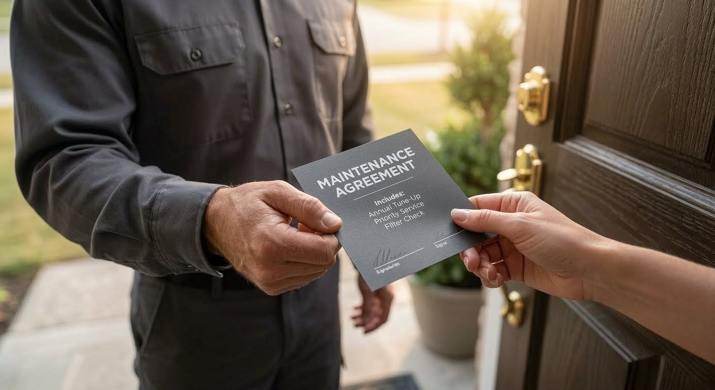 Contractor at the door post-job collecting a review via tablet