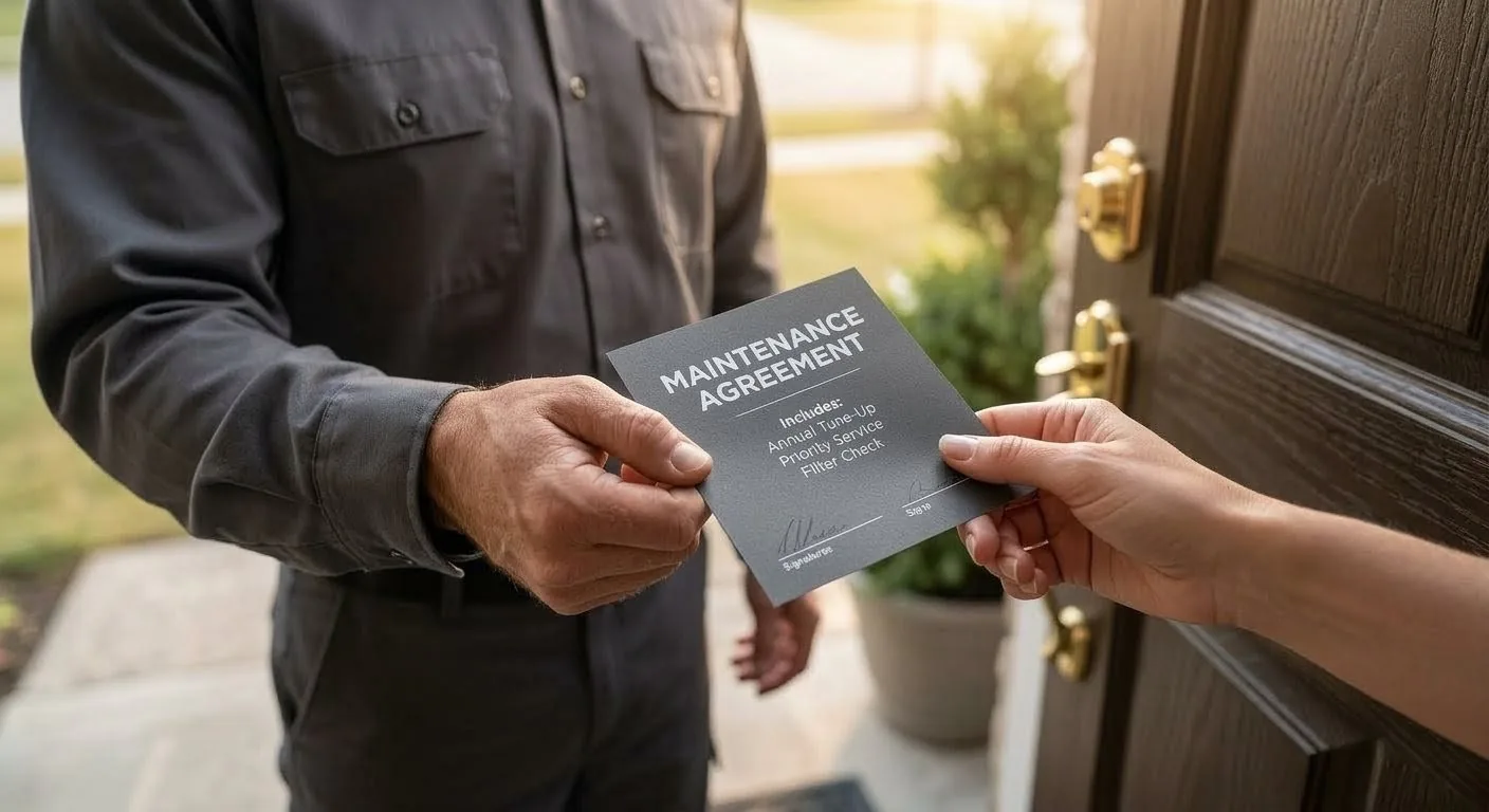 Contractor reviewing a maintenance agreement with a homeowner at the door