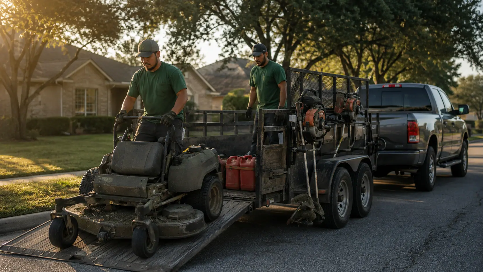Landscaping crew truck and trailer at a residential job site at the start of the day