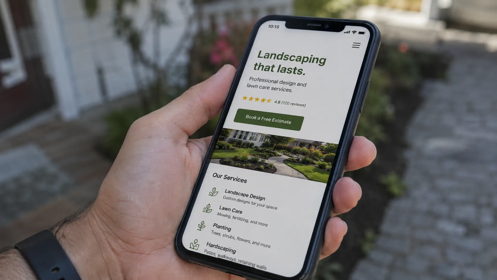 Landscaping site showing reviews and a clear booking button above the fold on a phone