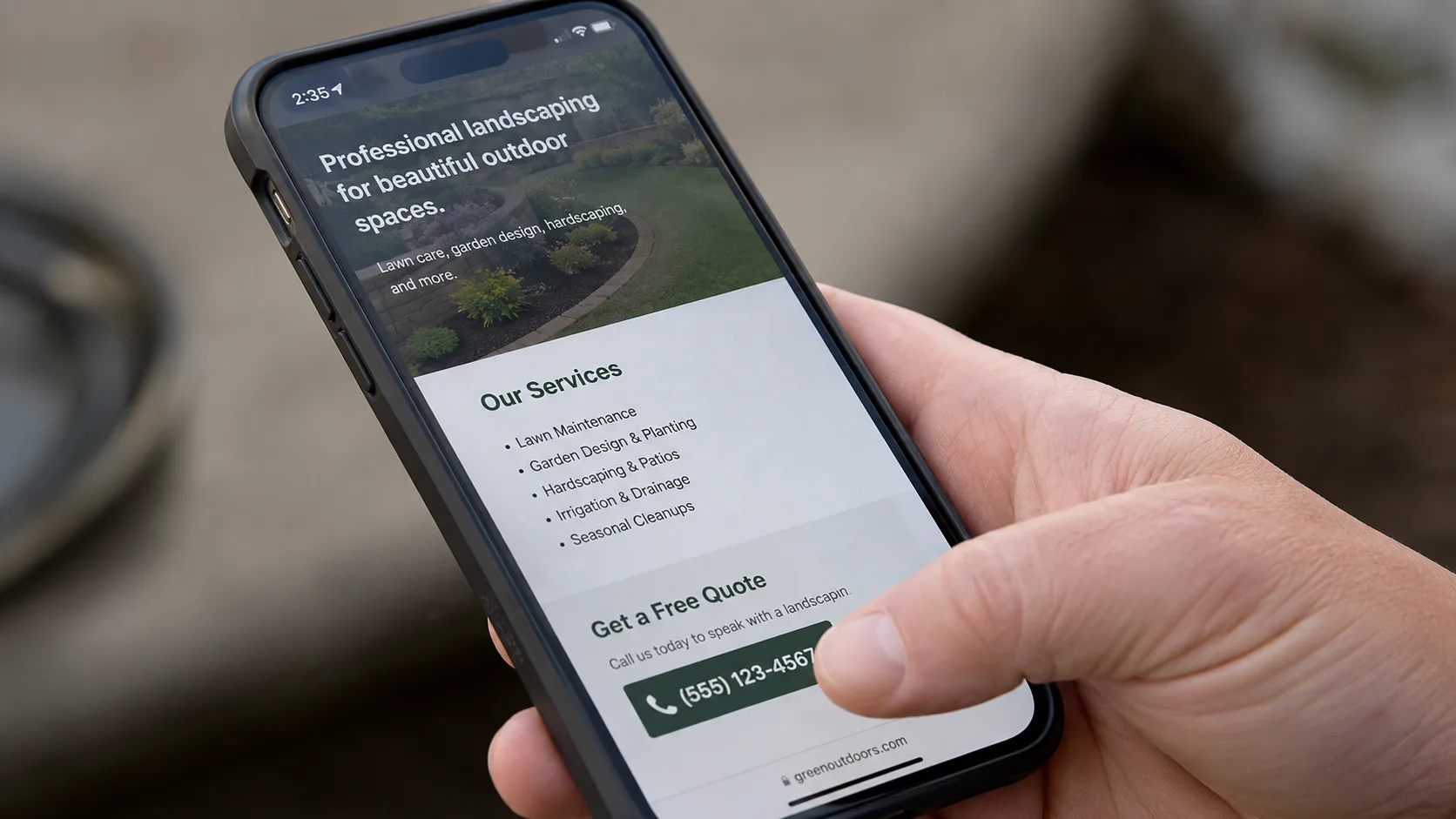Homeowner tapping a click-to-call phone number on a landscaping website
