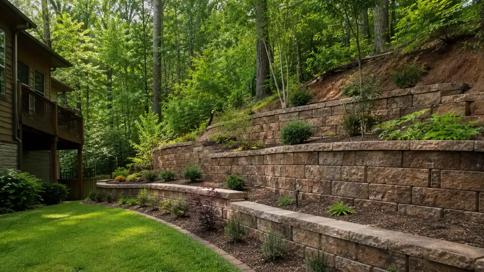 Retaining wall terracing a steep red-clay slope in metro Atlanta