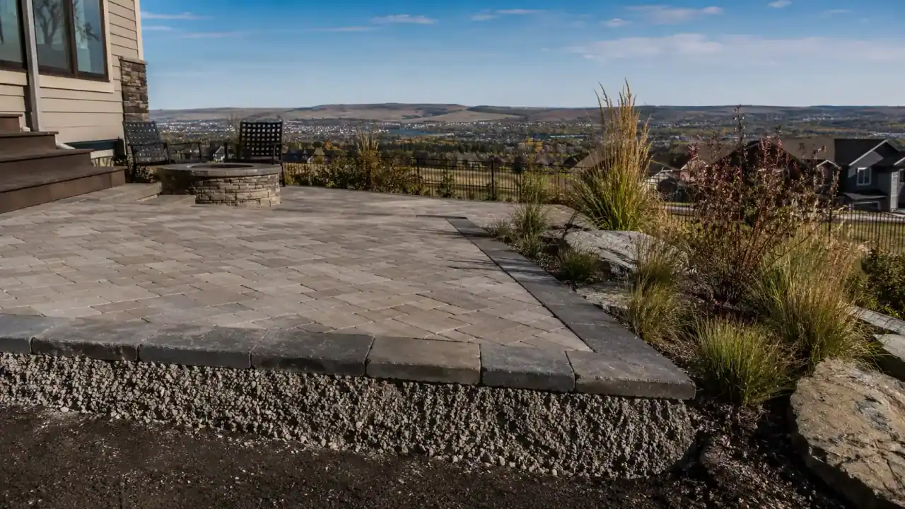 Finished paver patio on a Calgary clay lot built to survive freeze-thaw