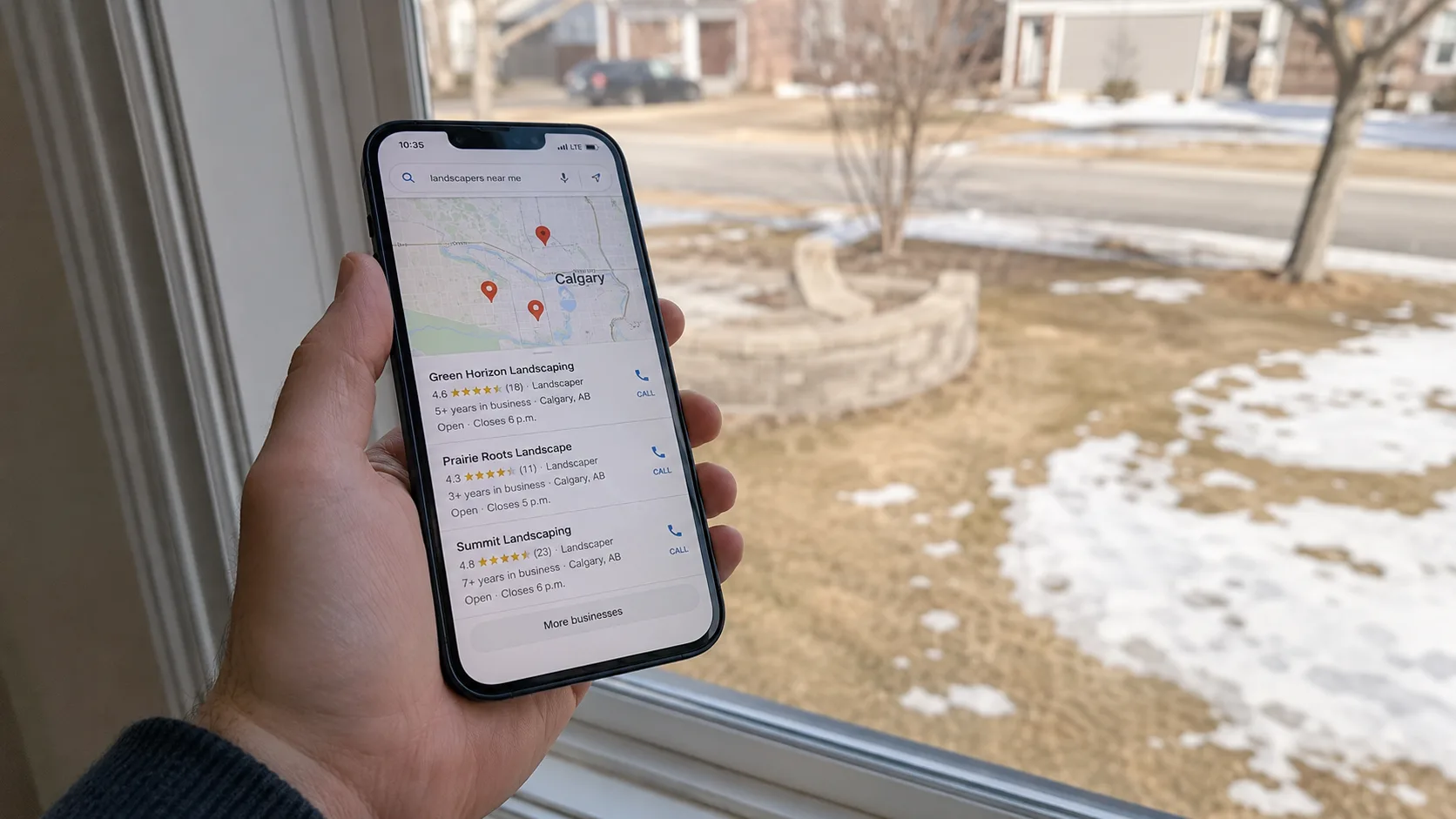 Calgary homeowner searching for a landscaper on a phone as spring snow melts