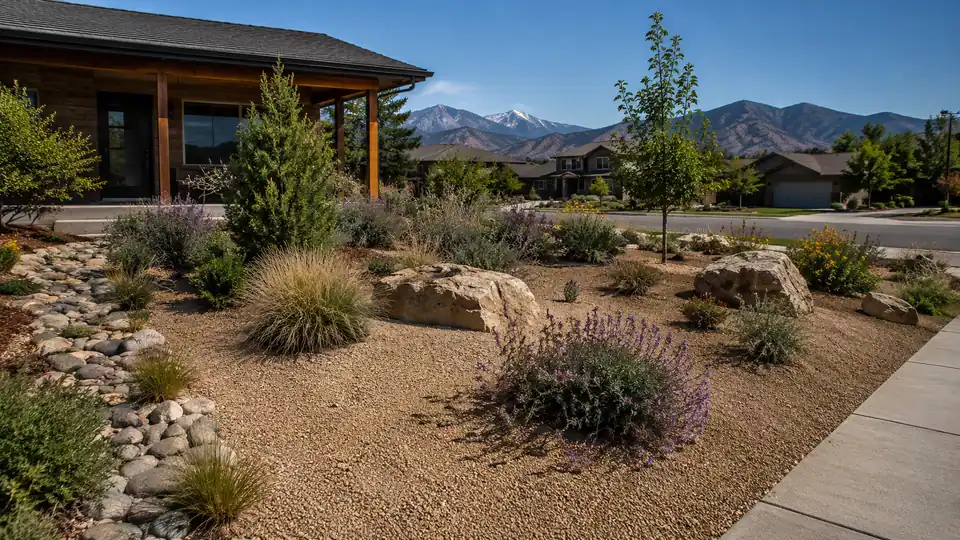 Xeriscape front yard with native plants in a Denver Front Range neighbourhood