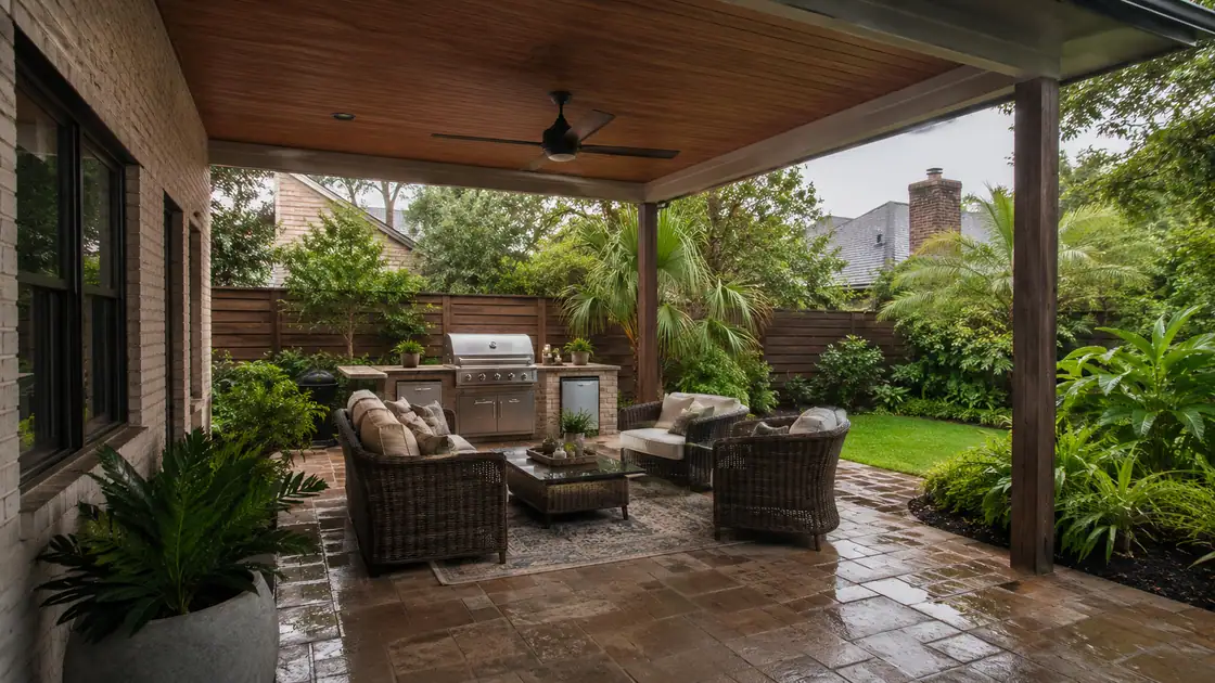 Covered outdoor-living patio built for Houston heat and humidity