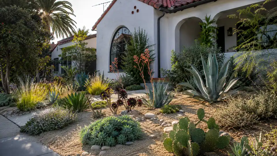 Drought-tolerant native front yard with succulents in a Los Angeles neighbourhood
