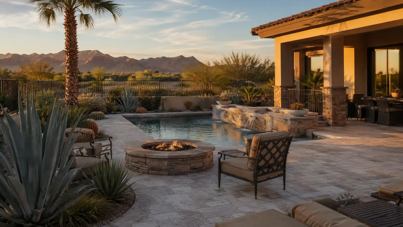 Resort-style desert backyard with pavers built for Phoenix heat