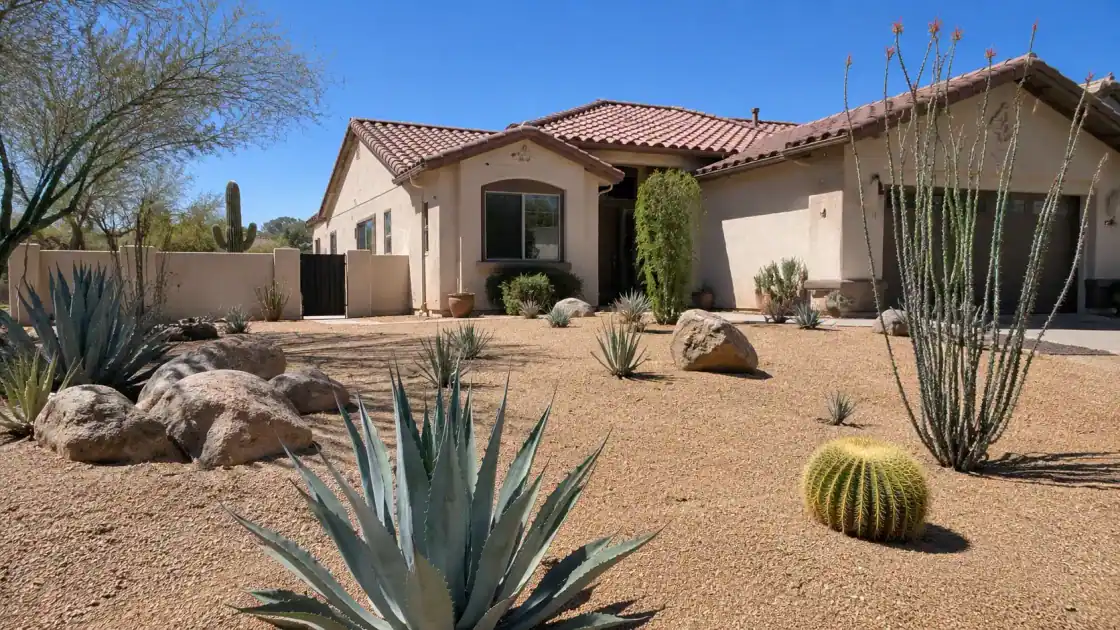 Desert xeriscape front yard with decomposed granite and agave in the Phoenix Valley