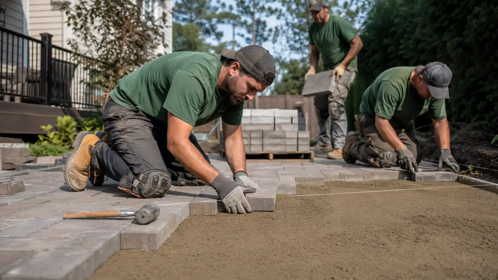 Landscaping crew laying pavers on a residential patio install
