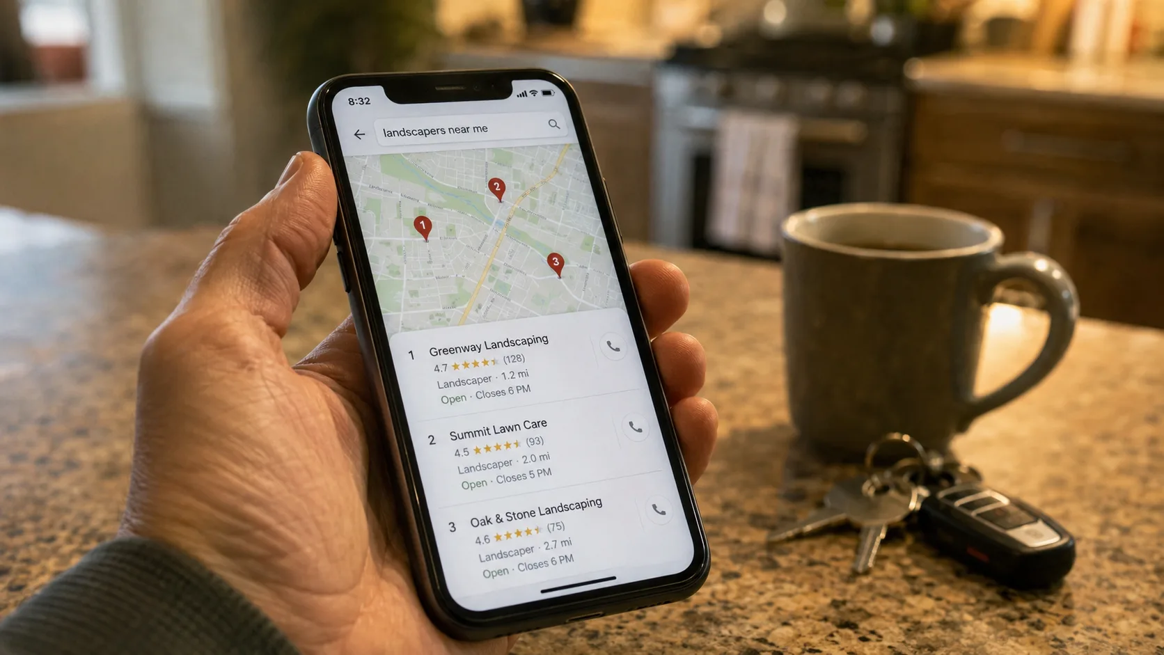 Homeowner searching for a local landscaper on a phone and tapping the map pack