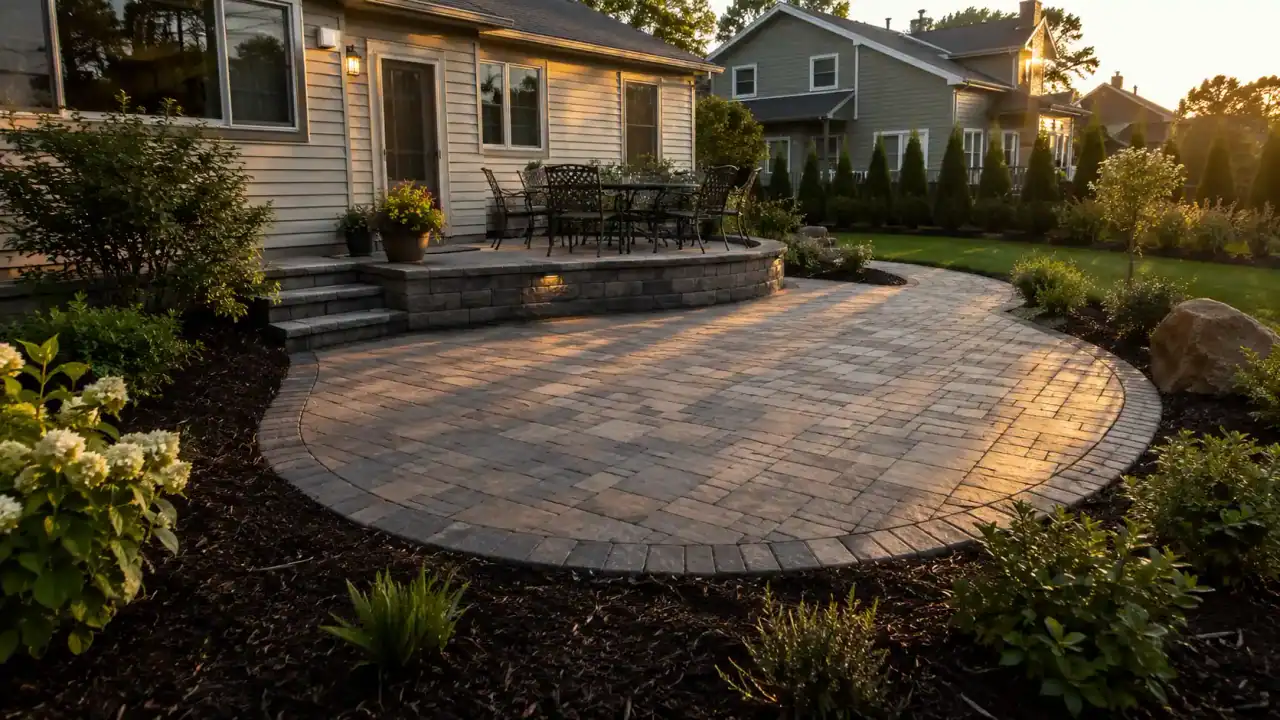 Finished paver patio and planting project, the kind of work a service page should show