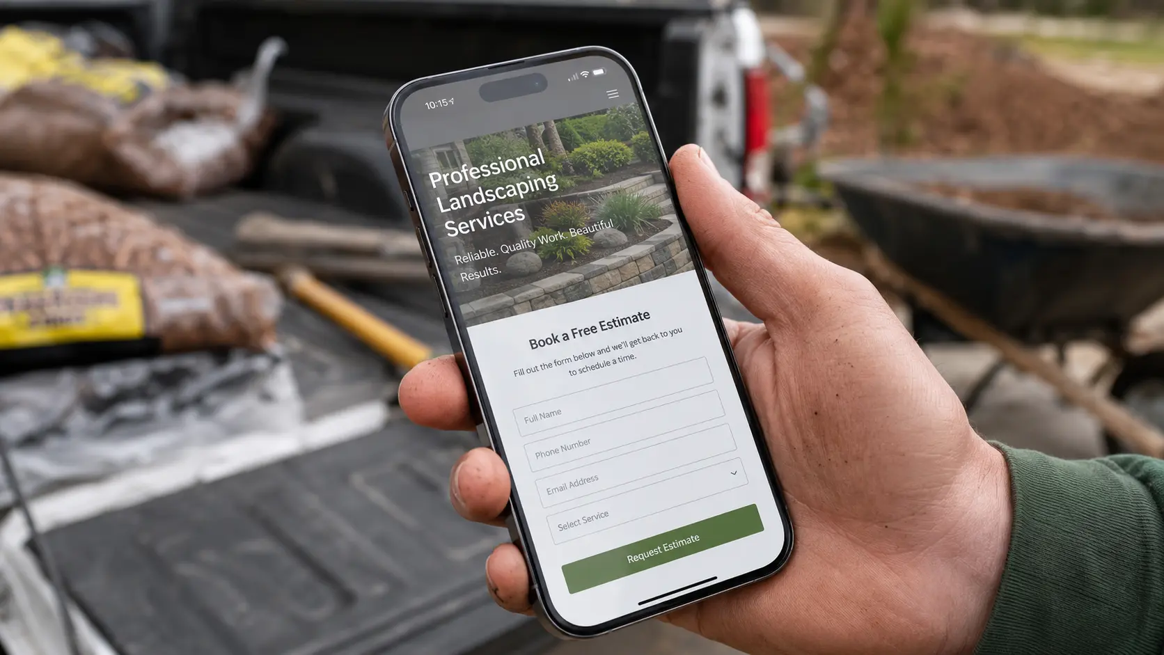 Landscaping website booking form on a phone with one clear call-to-action button