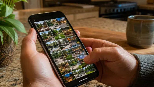 Homeowner scrolling a landscaping project gallery on a phone at the kitchen counter