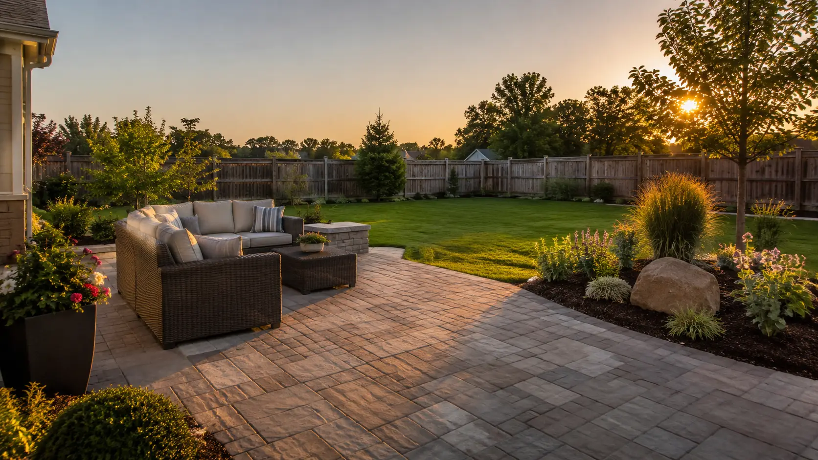 Full-bleed hero photo of a finished backyard outdoor living space on a landscaping site