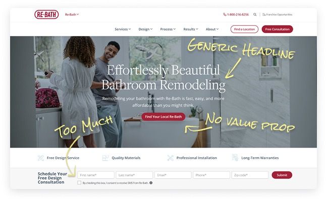 Re-Bath website with CRO annotations highlighting conversion issues