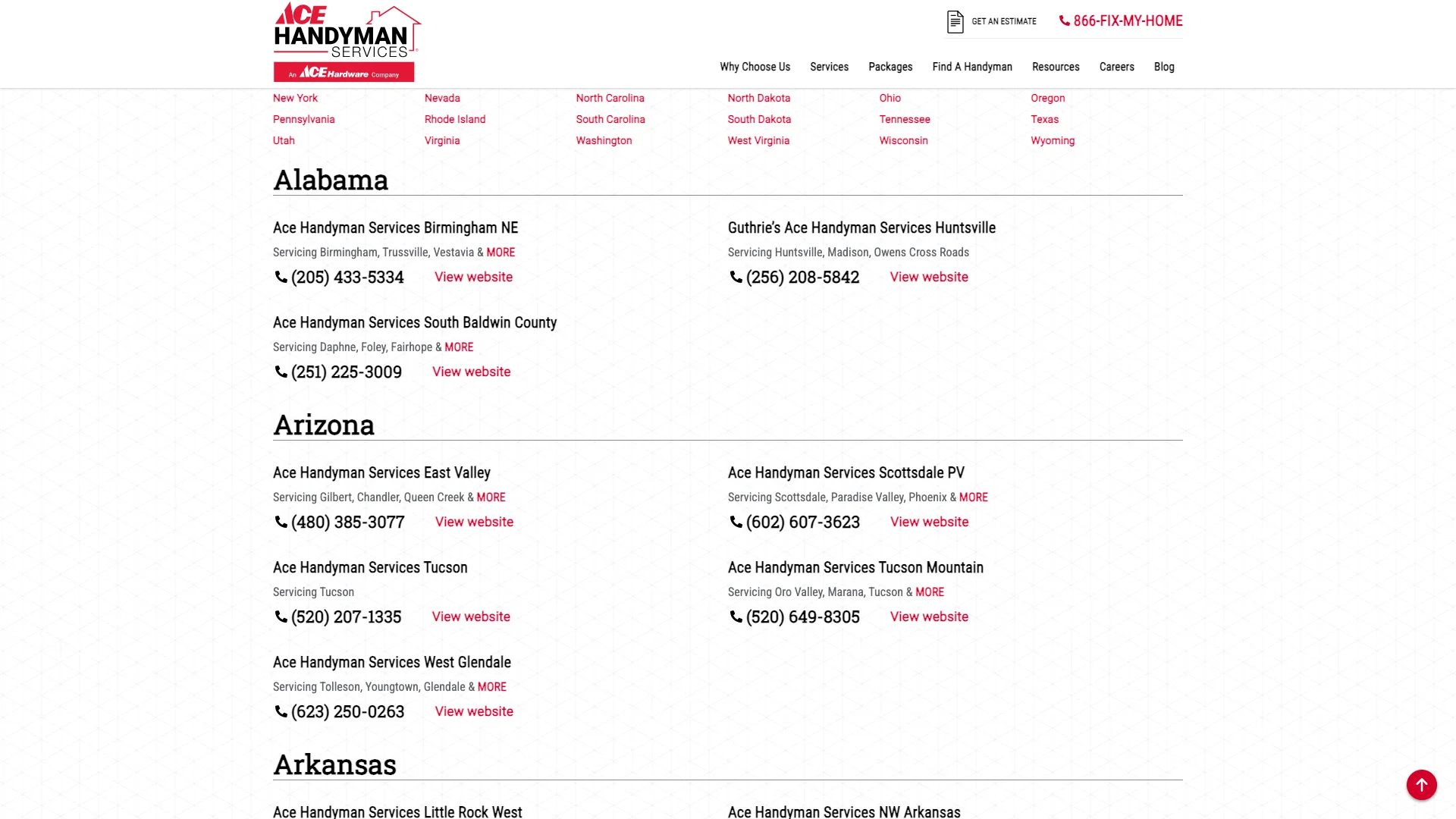 Ace Handyman Services page showing the service category layout with content and forms but no Google Reviews, no trust badges, and no review widgets visible