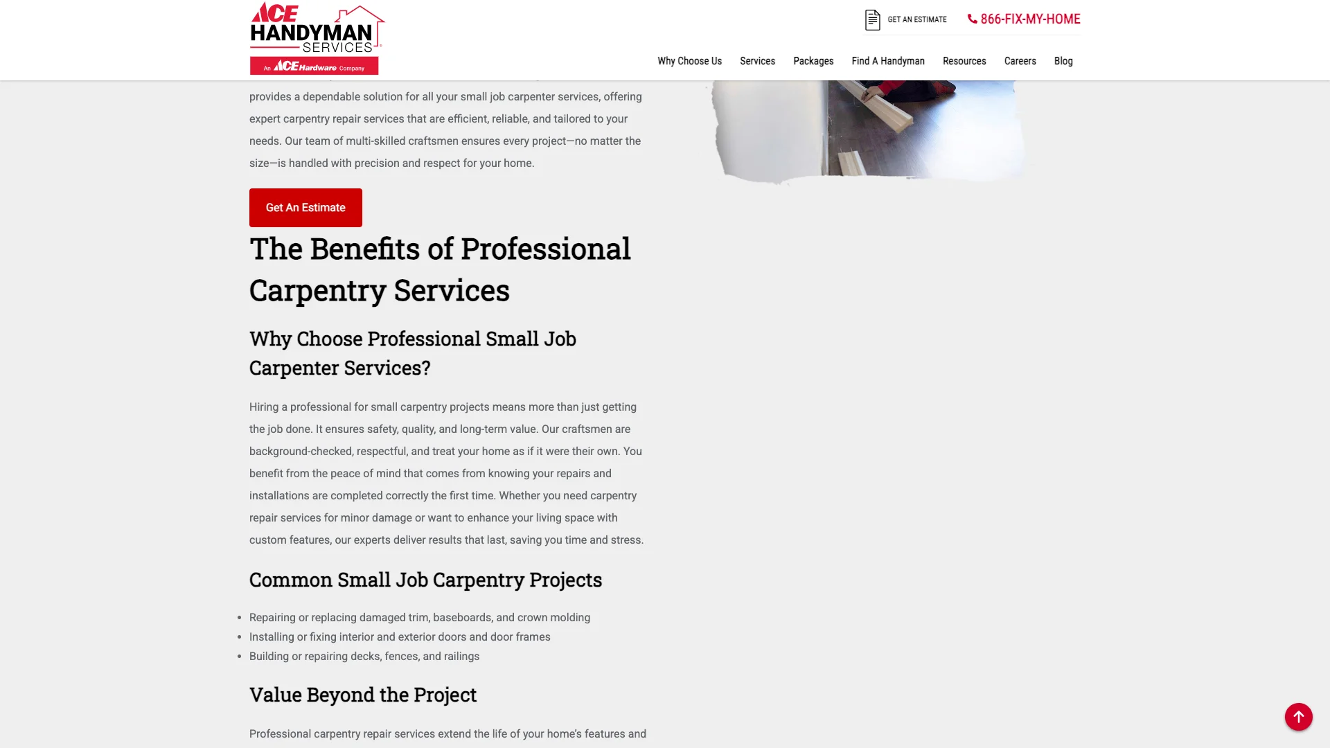 Ace Handyman Services offices page showing the office locator layout with substantial content and the franchise location navigation structure
