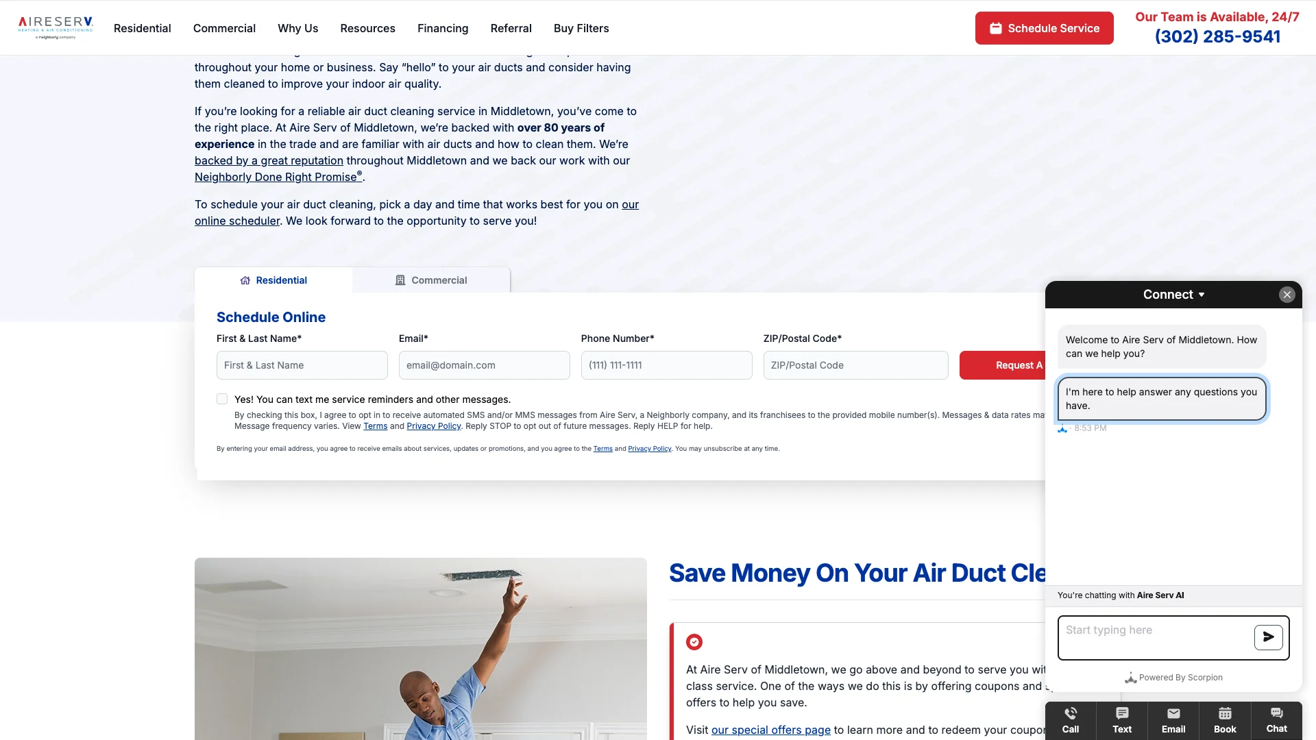 Aire Serv Middletown duct cleaning service page showing the location-specific service information with an HVAC-business label in the code and trust badge indicators visible in the page content