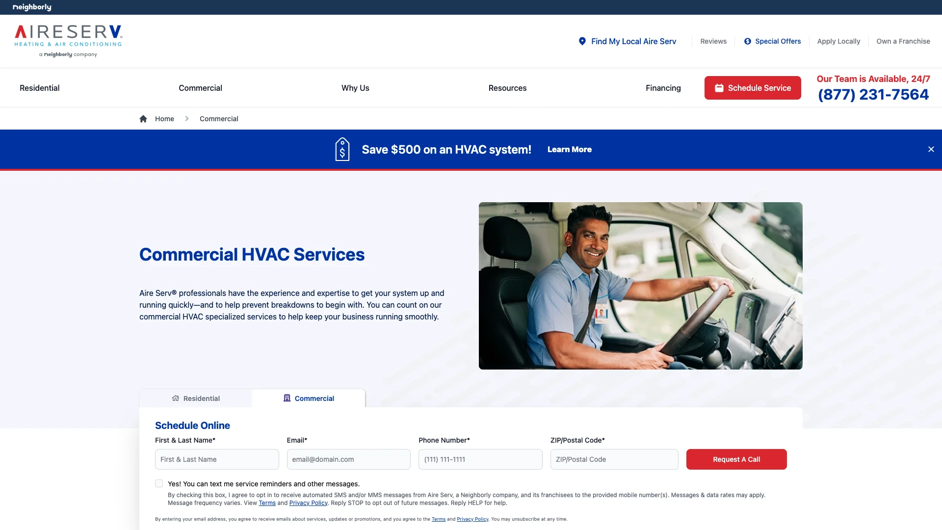 Aire Serv commercial HVAC page showing multiple form elements rendered on the same page, including zip code search inputs and a multi-field contact form with name, email, phone, and zip fields