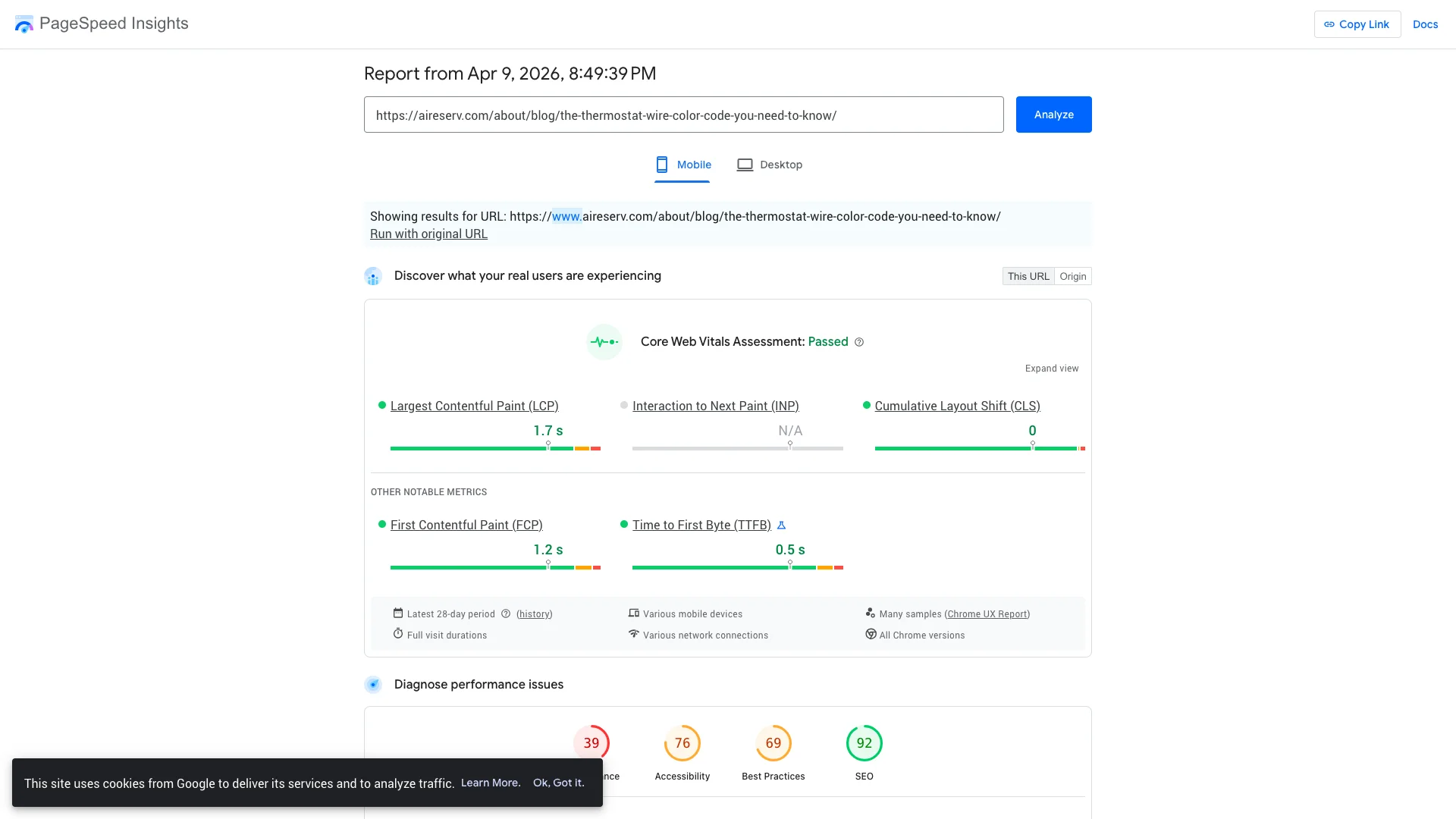 Google PageSpeed Insights Lighthouse lab results for aireserv.com thermostat wiring blog showing a mobile performance score of 32 out of 100 on the simulated slow mobile device test