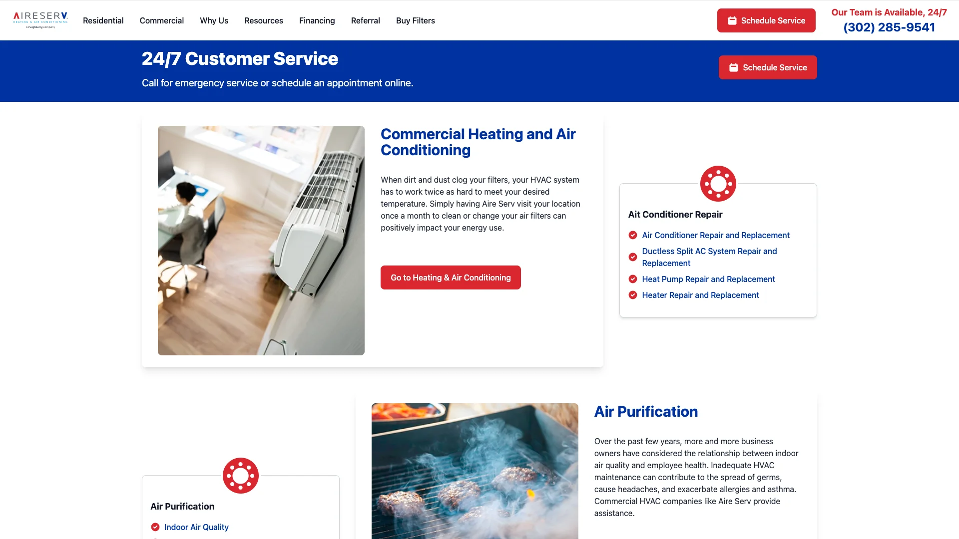 Aire Serv commercial HVAC page showing the contact section and lead capture area where the franchise template renders its multi-field contact form alongside other conversion elements on the page